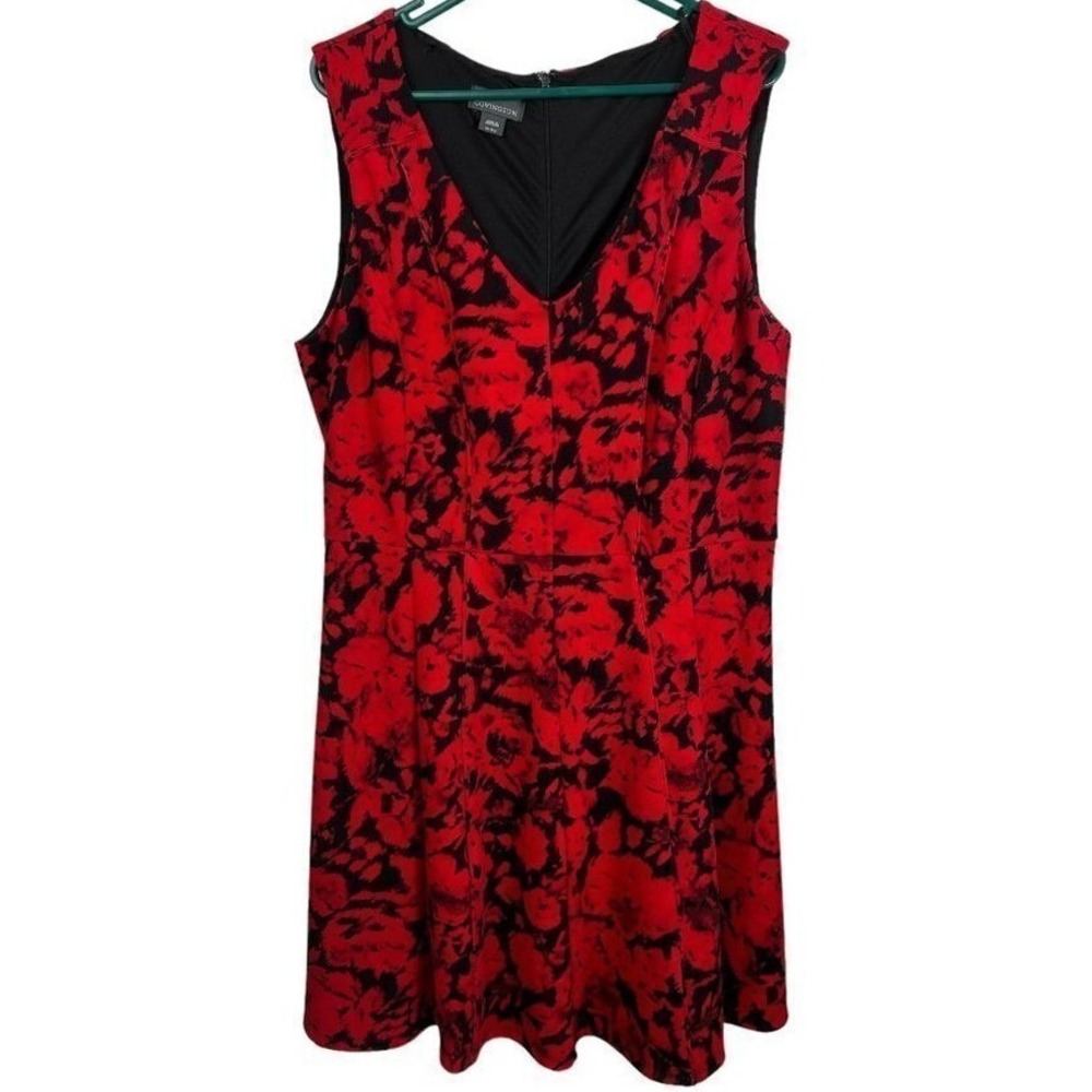 Covington‎ Red Black Floral V-Neck Sleeveless Fit Flare Dress Women's